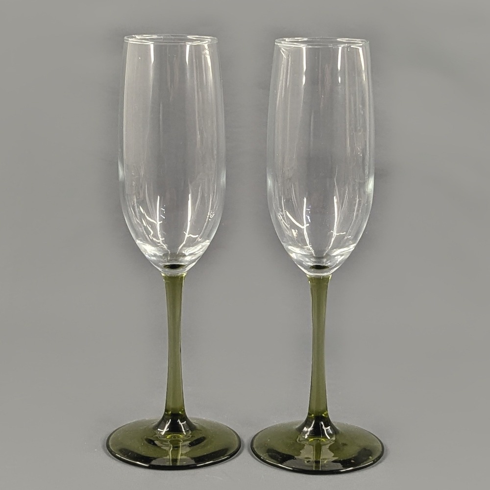 Vintage Champagne Flutes Pair Olive Green Stem Clear Glass 9 Inch Stemware